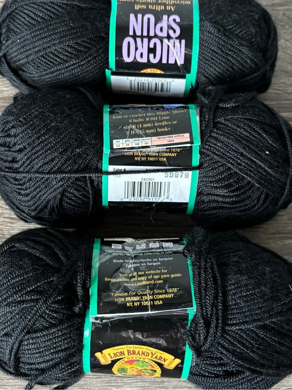 Lion Brand Micro Spun 100% Acrylic Yarn Ebony Black LOT OF 3